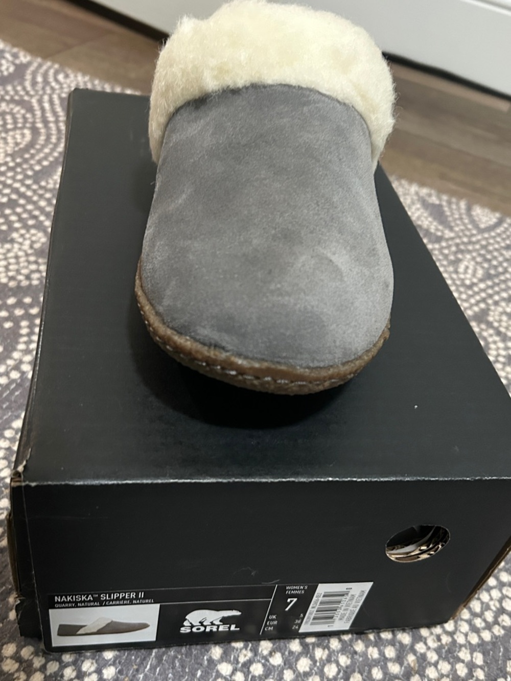 Sorel Gray Suede Slip-On Slipper with Cream Shearling Cuff